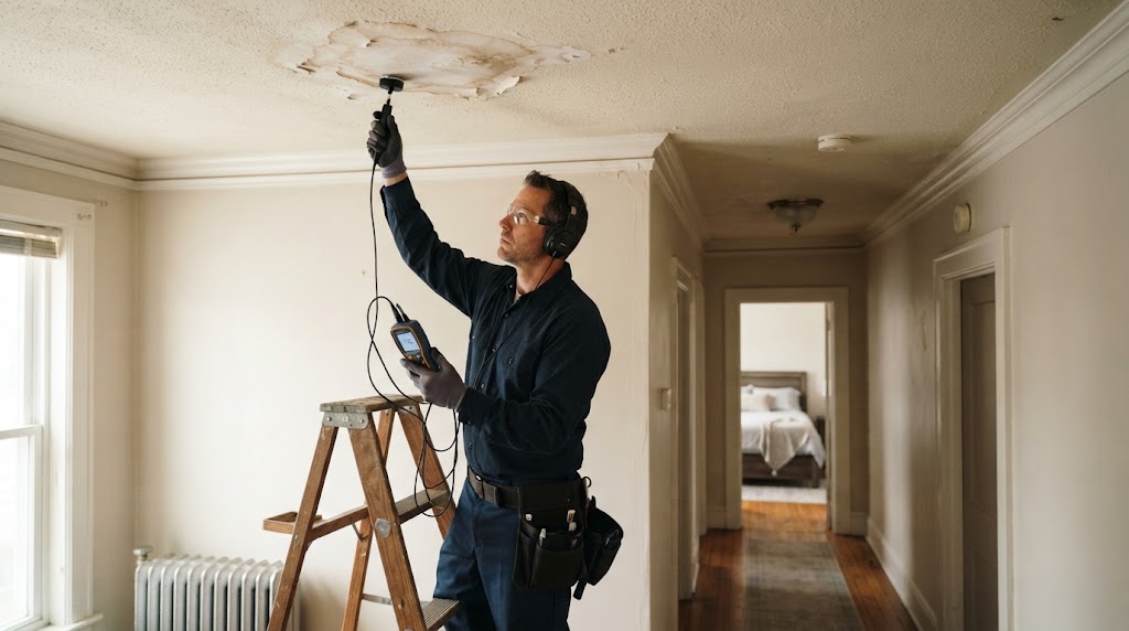 Ceiling water damage from a hidden leak in a New Brunswick home